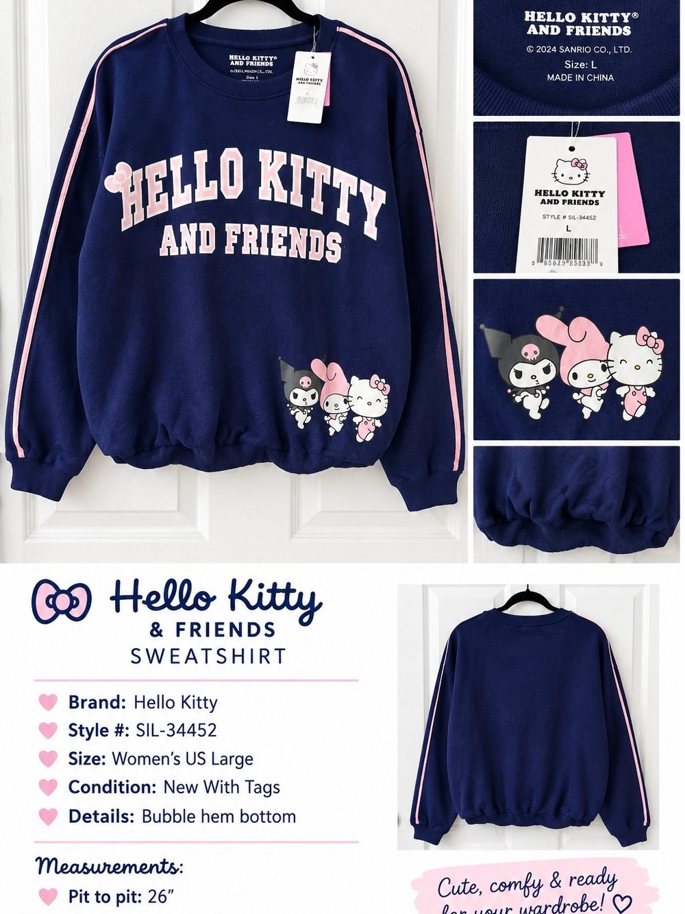Hello Kitty Navy Sweatshirt with Pink Stripe Accents